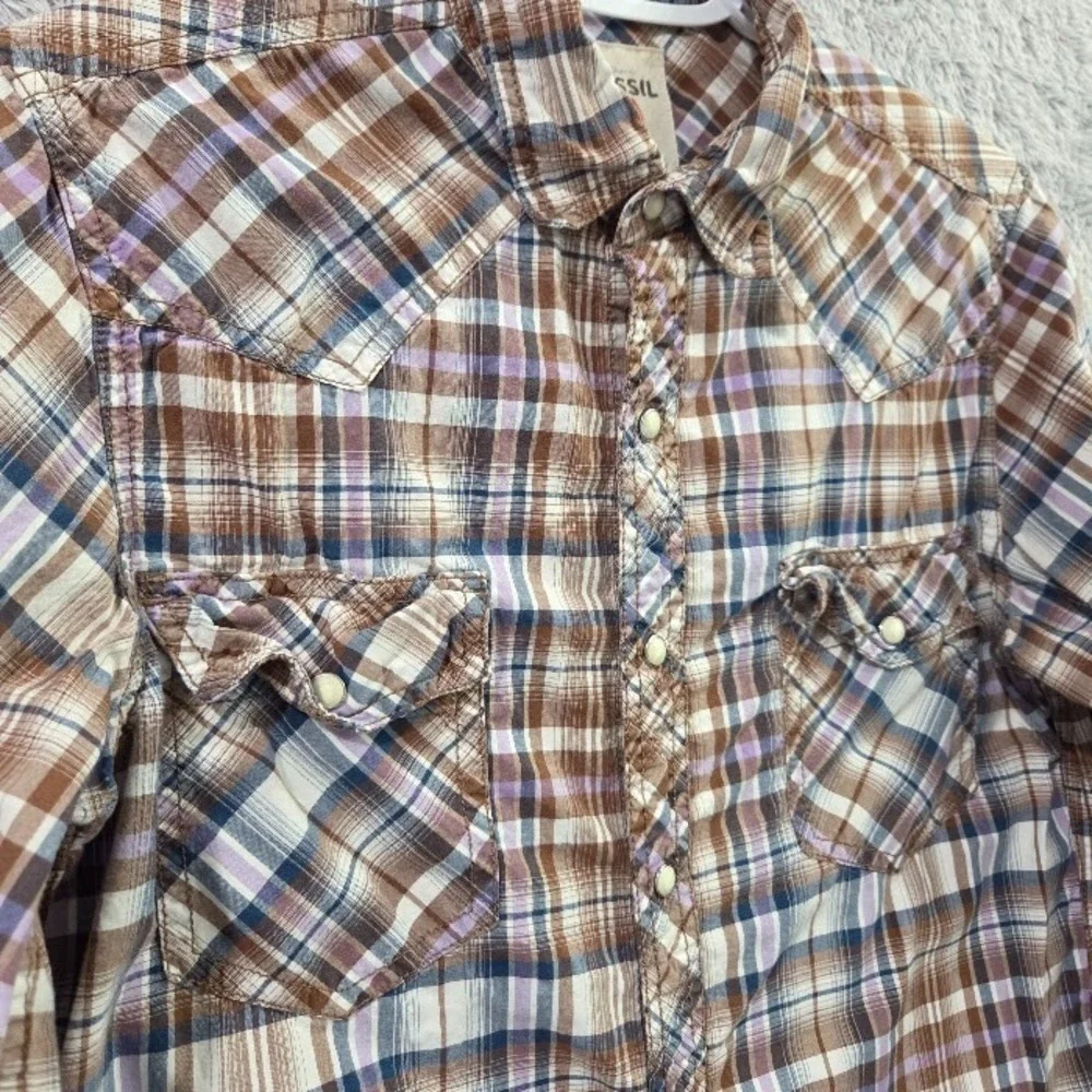 Fossil 54 Authentic Men's Small Vintage Fit Plaid Western Pearl Snap Shirt Brown